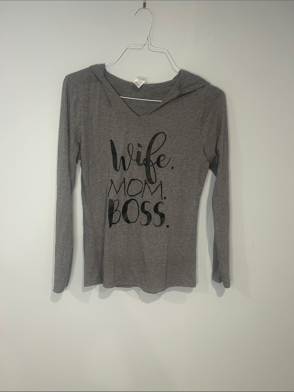 Wife Mom Boss Gray Long-Sleeve Hoodie Tee